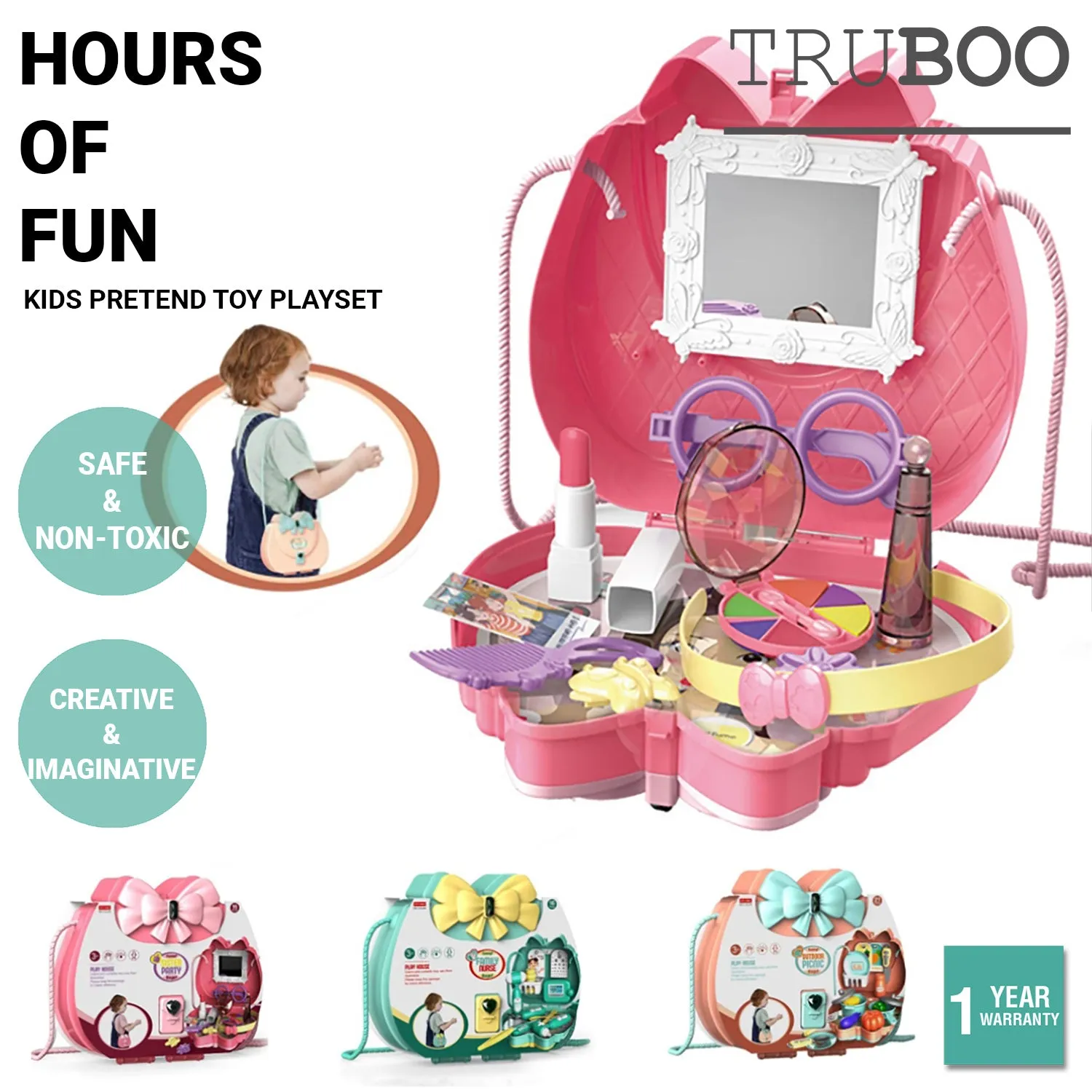 Truboo Kids Pretend Toy Playset Makeup Doctor Cooking Educational Kit Carry Box