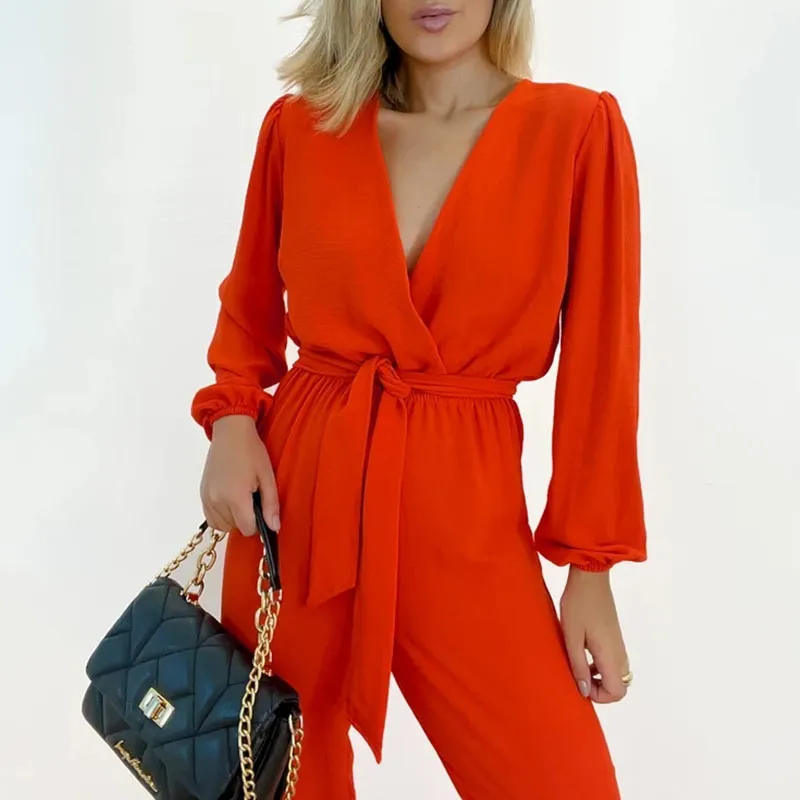 V neck tie high waist jumpsuit