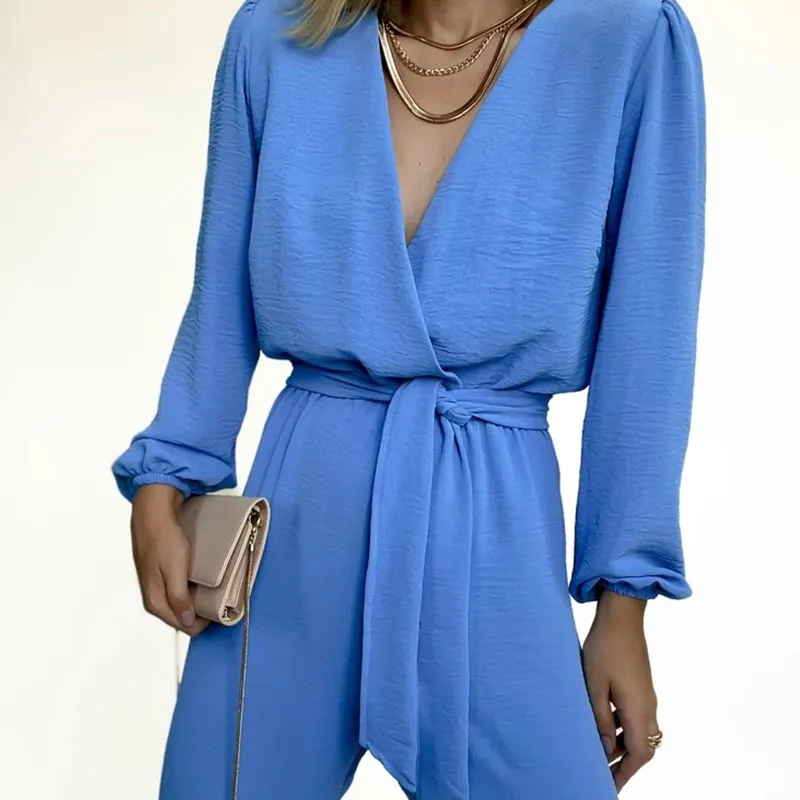 V neck tie high waist jumpsuit
