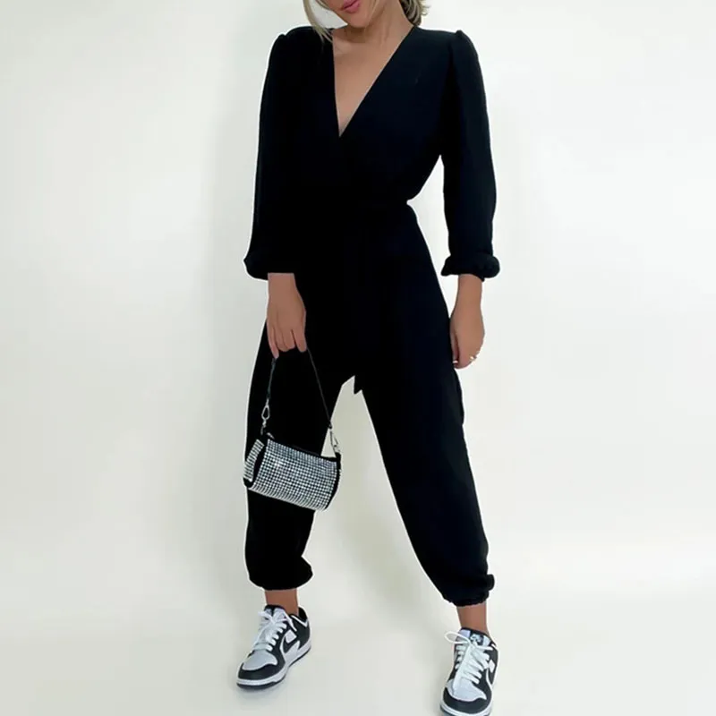 V neck tie high waist jumpsuit
