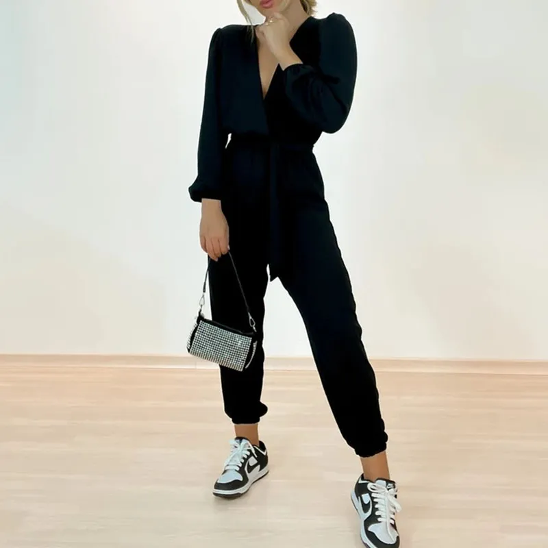 V neck tie high waist jumpsuit