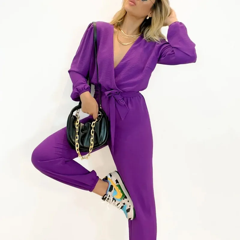 V neck tie high waist jumpsuit