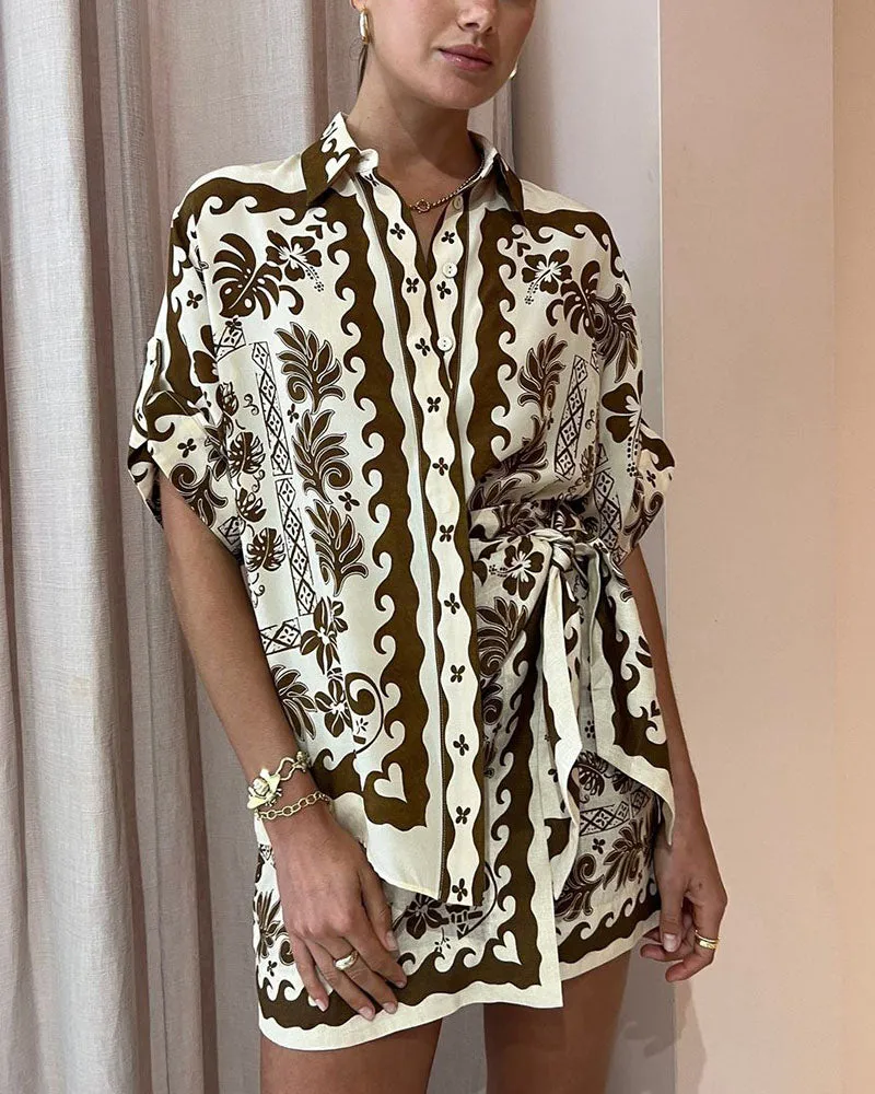 Vintage Botanical Print Casual Two-Piece Set